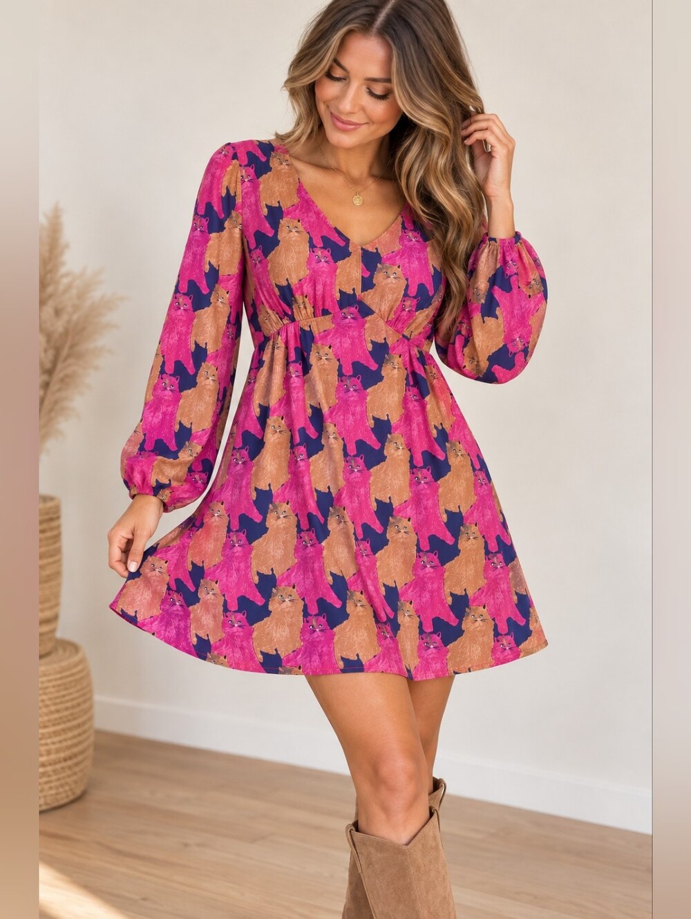 Compania Fantastica Pink Viscose Cat Print Dress